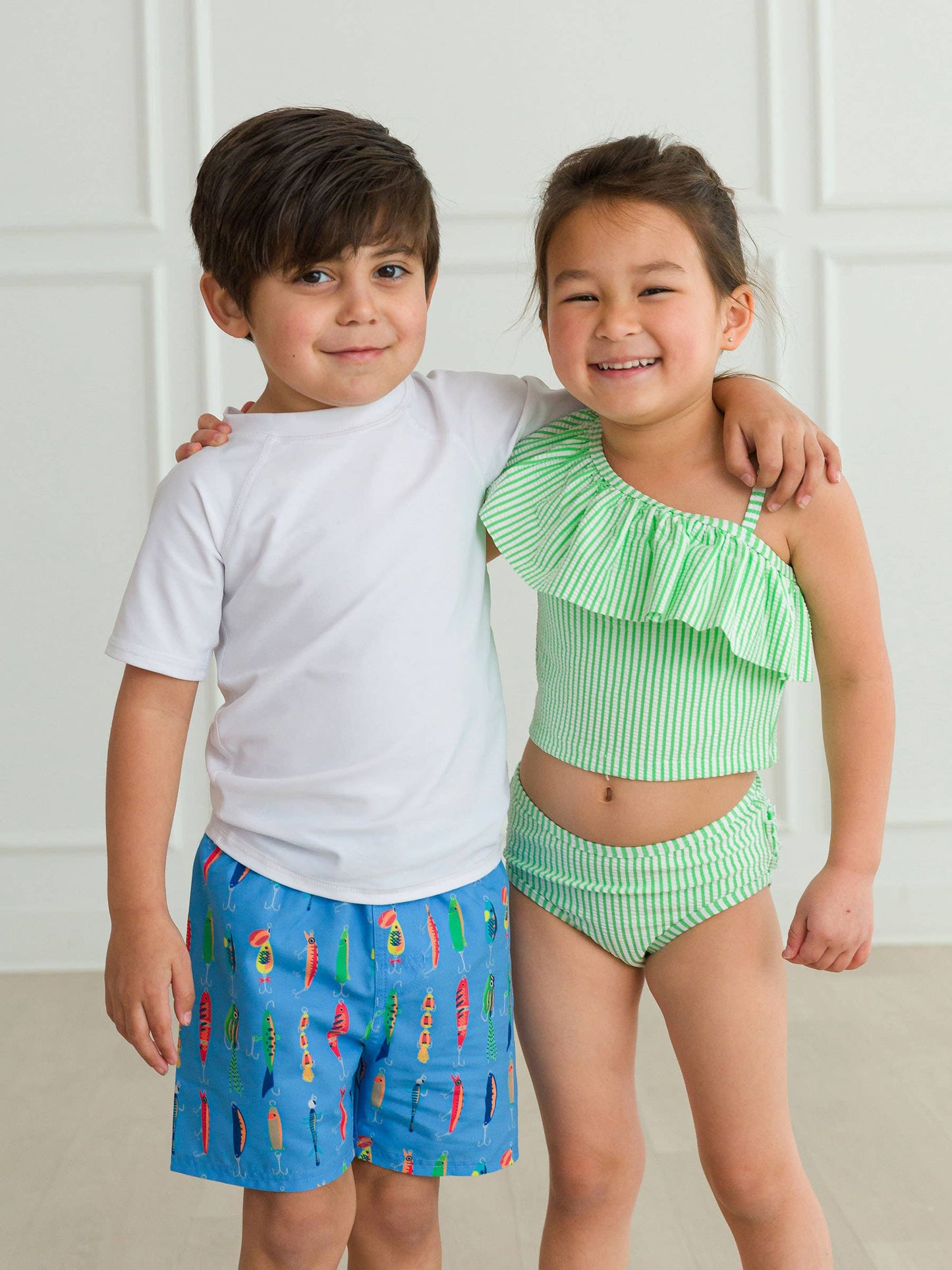 Spring Green Seersucker One Shoulder Ruffle Tankini