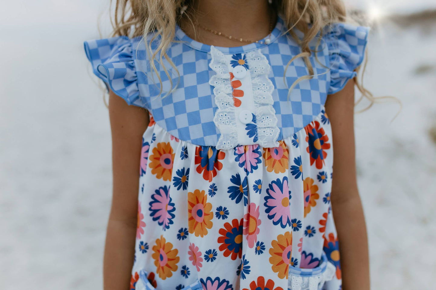 Blue Checkered Flower Power Shorts Set