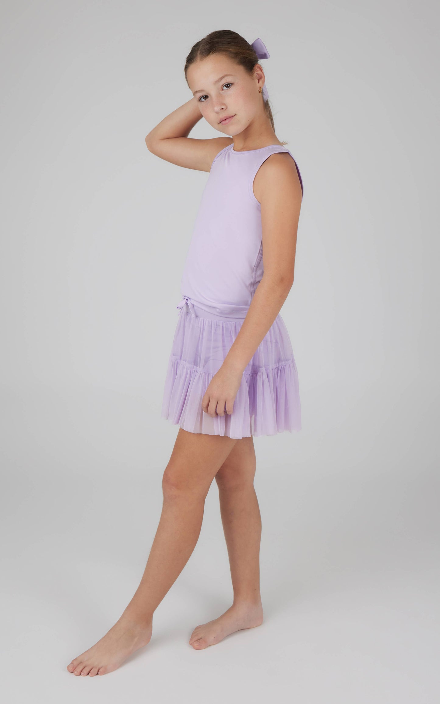 Tank + Mesh Jersey Ruffle Skort + Scrunchie Set | Pastel Lilac