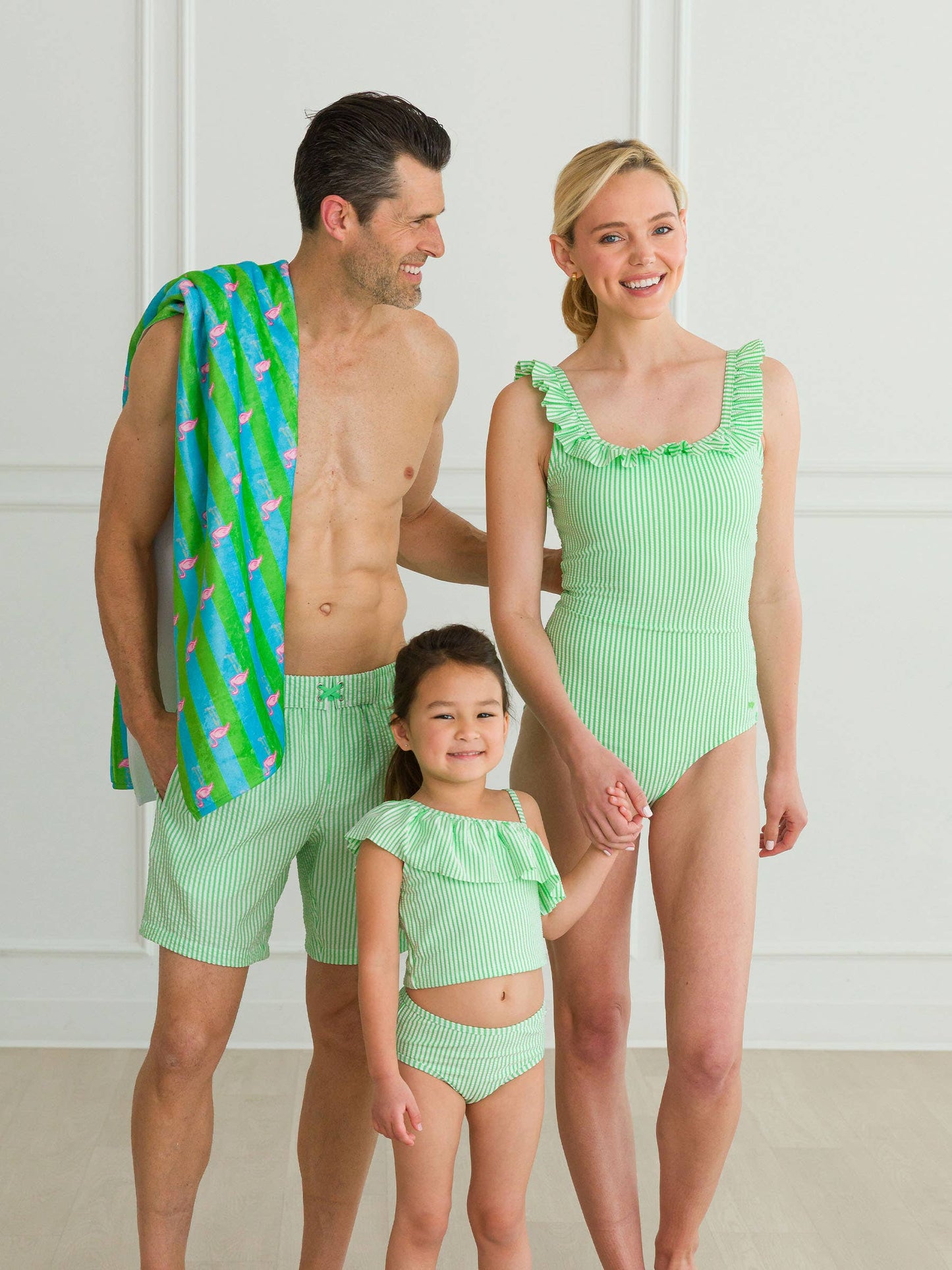Spring Green Seersucker One Shoulder Ruffle Tankini