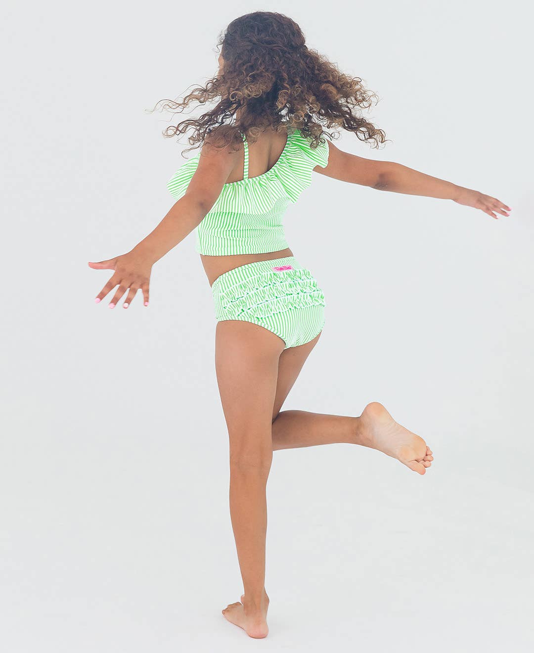 Spring Green Seersucker One Shoulder Ruffle Tankini