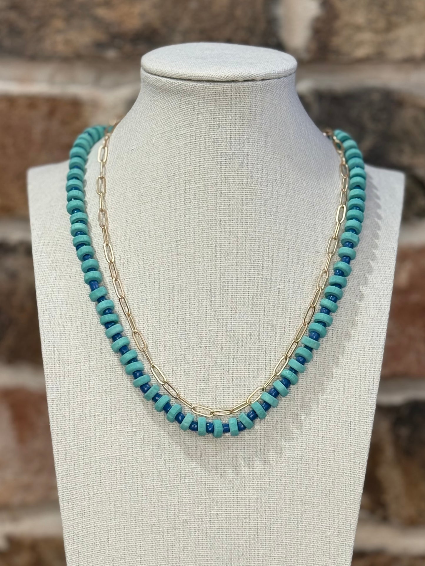Blue & Turquoise Bead Necklace with Gold Chain + Studs
