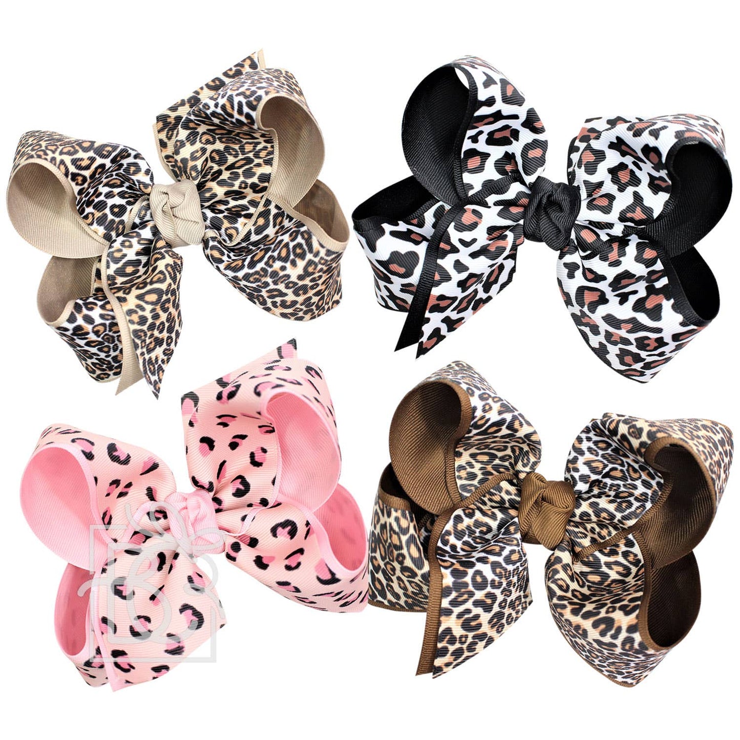 LAYERED LEOPARD BOW ON CLIP: 6.5" Jumbo - 2.25" & 2" Ribbons on Lg. Alligator Clip / OATMEAL/MULTI LEOPARD