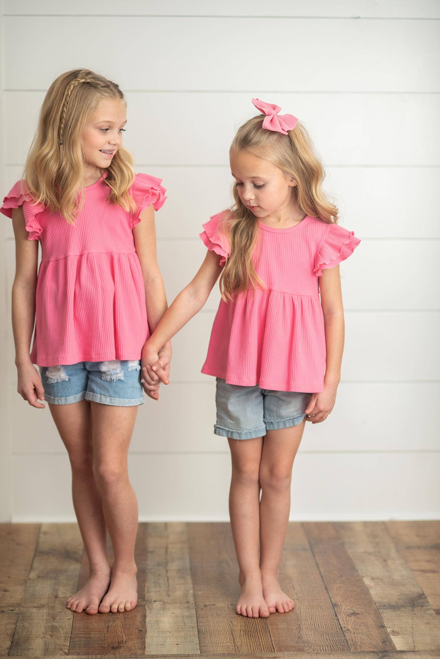 Bright Pink Double Ruffle Flutter Sleeve Top