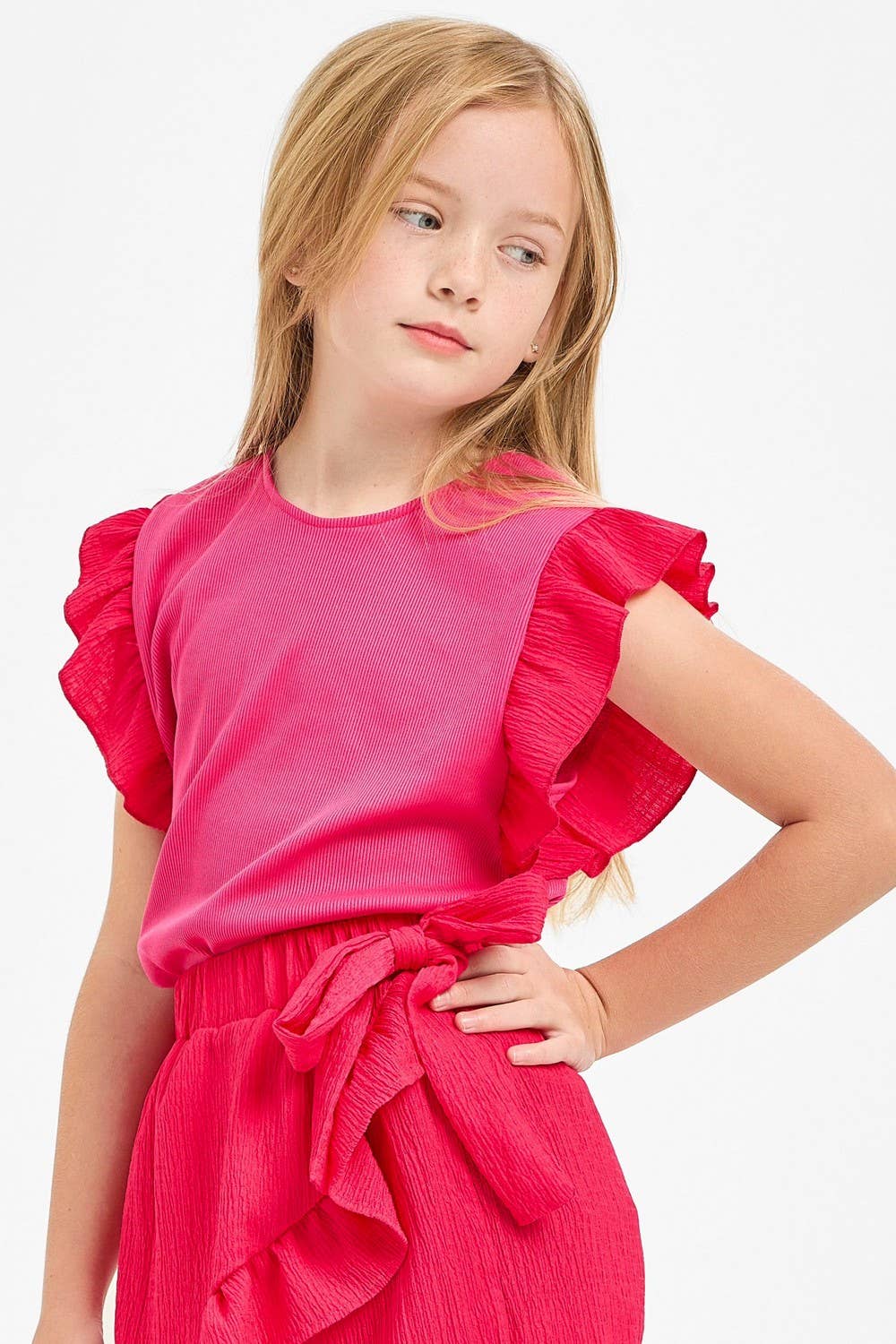 Ruffle Sleeve Ribbed Knit Top & Ruffle Skort Set