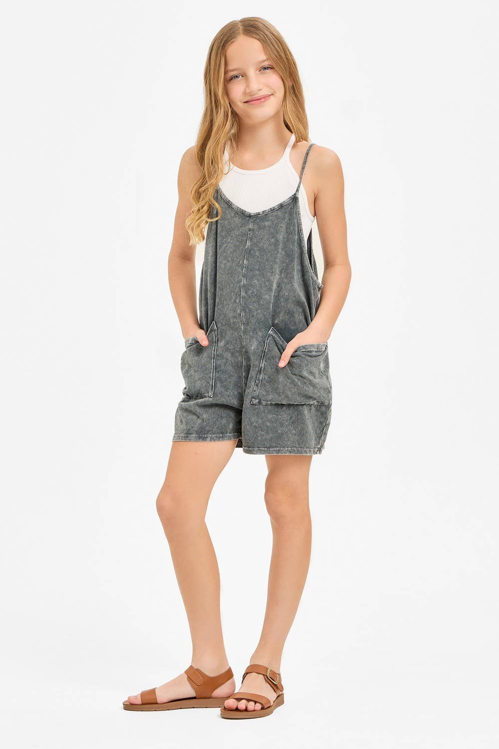 Charcoal Pocket Mineral Wash Overall Romper