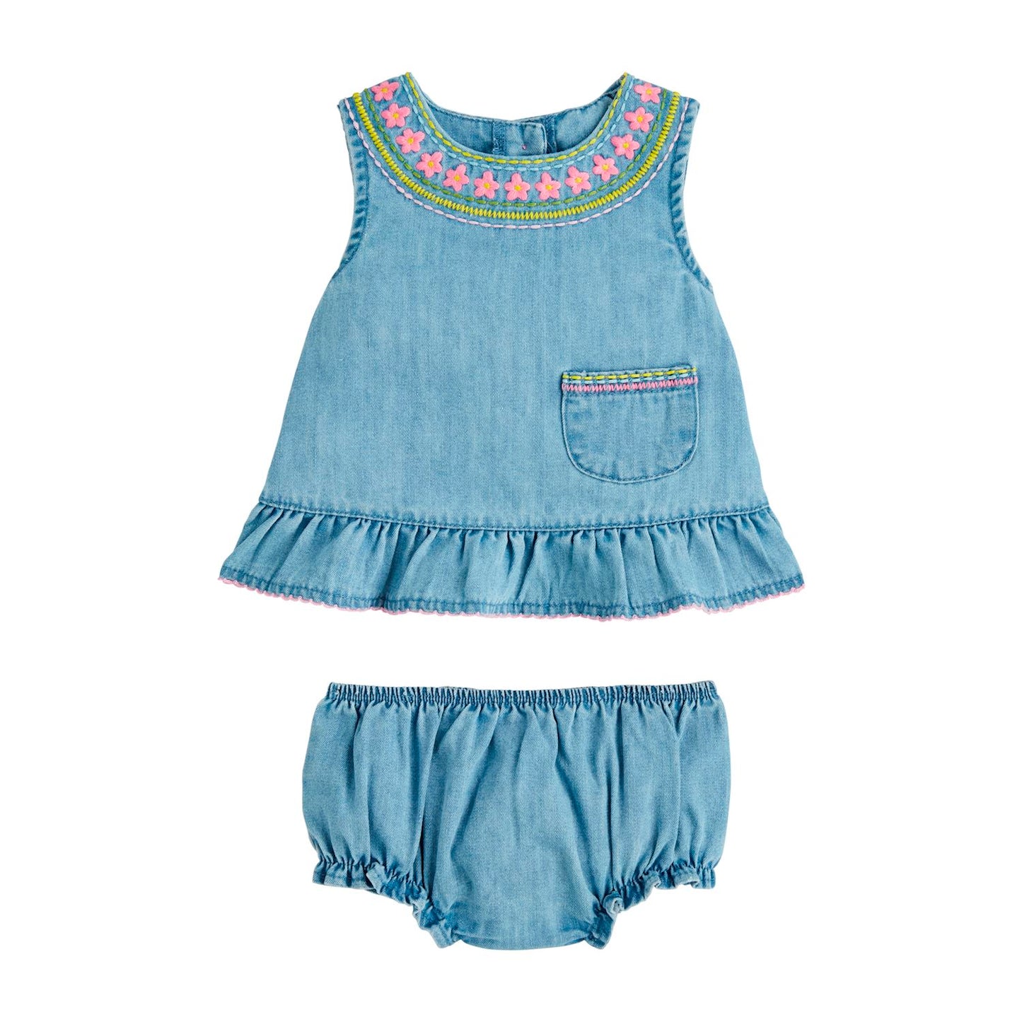 Embroidered Floral Denim Pinafore Set