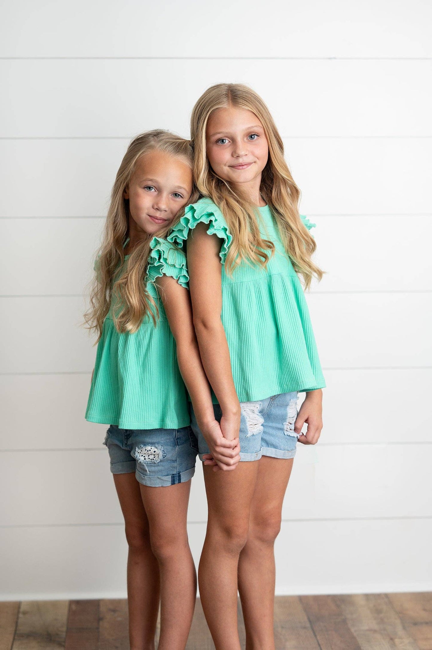 Aqua Double Ruffle Flutter Sleeve Top