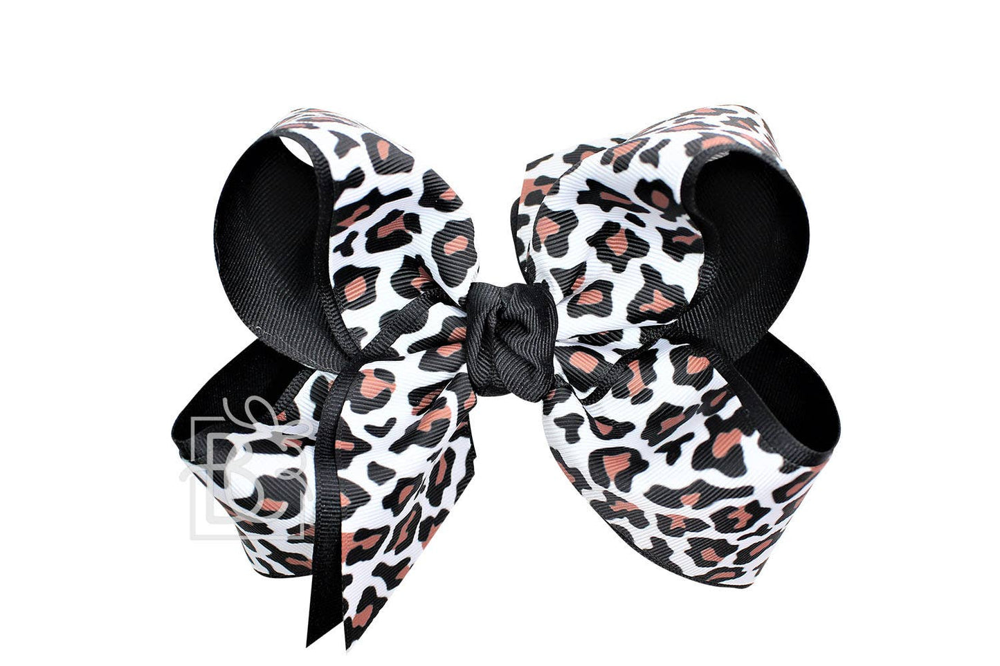 LAYERED LEOPARD BOW ON CLIP: 6.5" Jumbo - 2.25" & 2" Ribbons on Lg. Alligator Clip / OATMEAL/MULTI LEOPARD