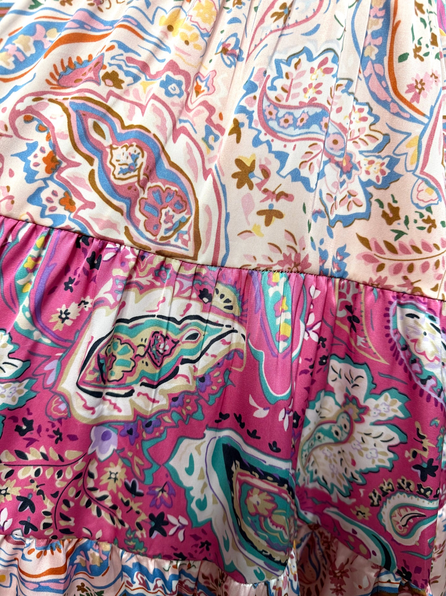 Paisley Print Tiered Satin Dress