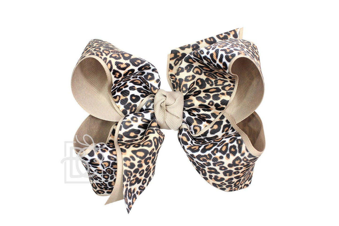 LAYERED LEOPARD BOW ON CLIP: 6.5" Jumbo - 2.25" & 2" Ribbons on Lg. Alligator Clip / OATMEAL/MULTI LEOPARD