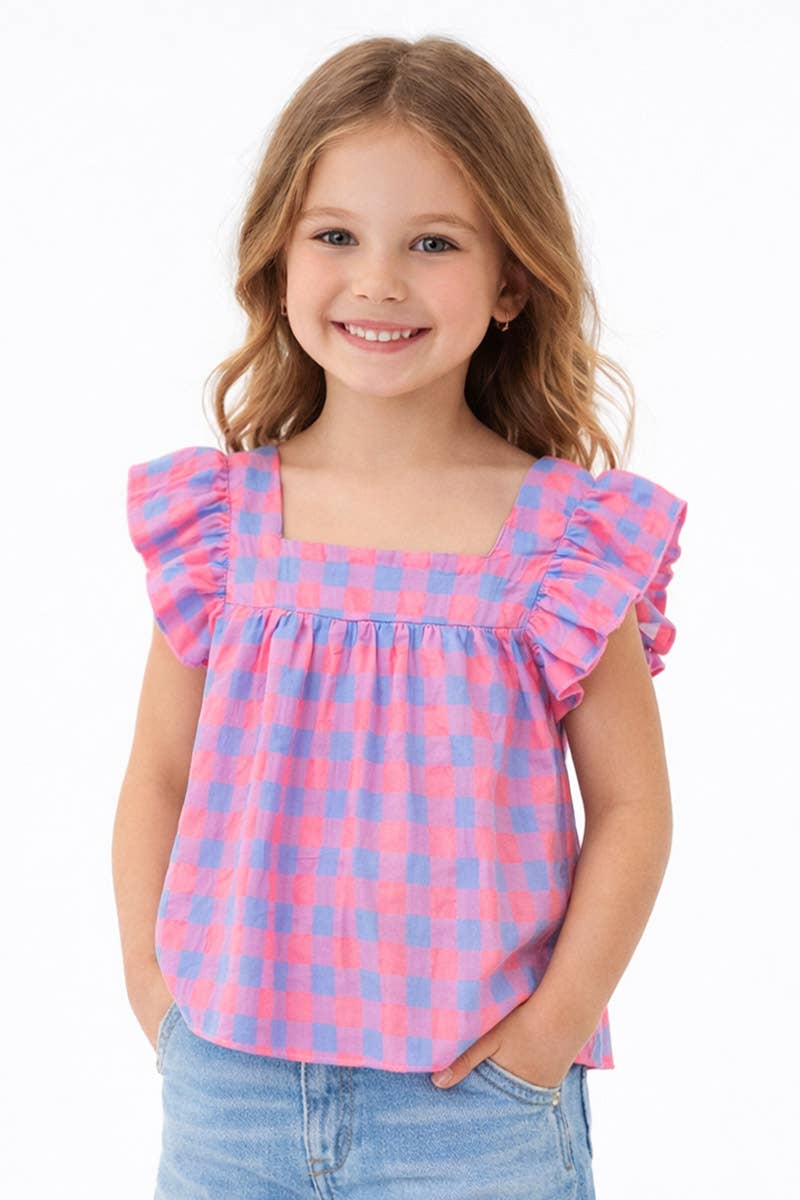 Square Neckline: Pink Blue Checkered Top