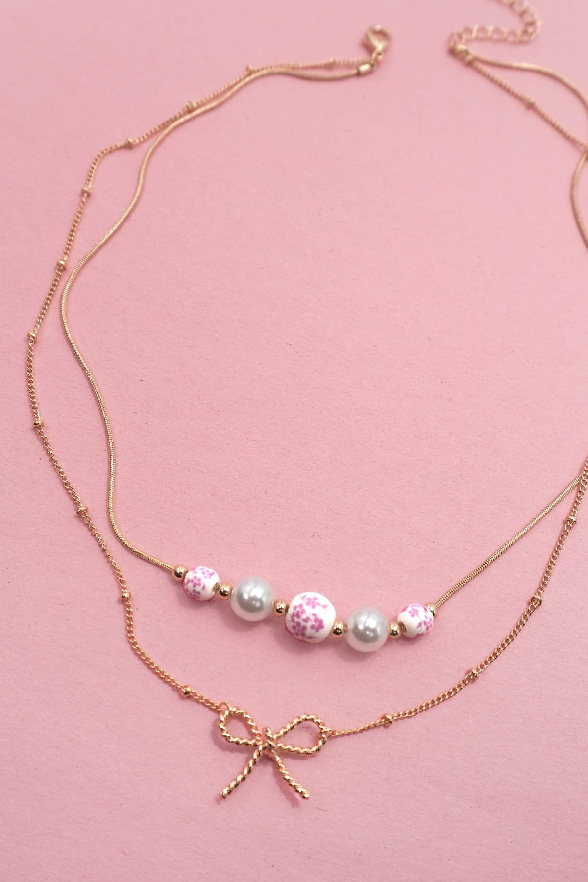 Pink Porcelain Pearl + Gold Bow Necklace