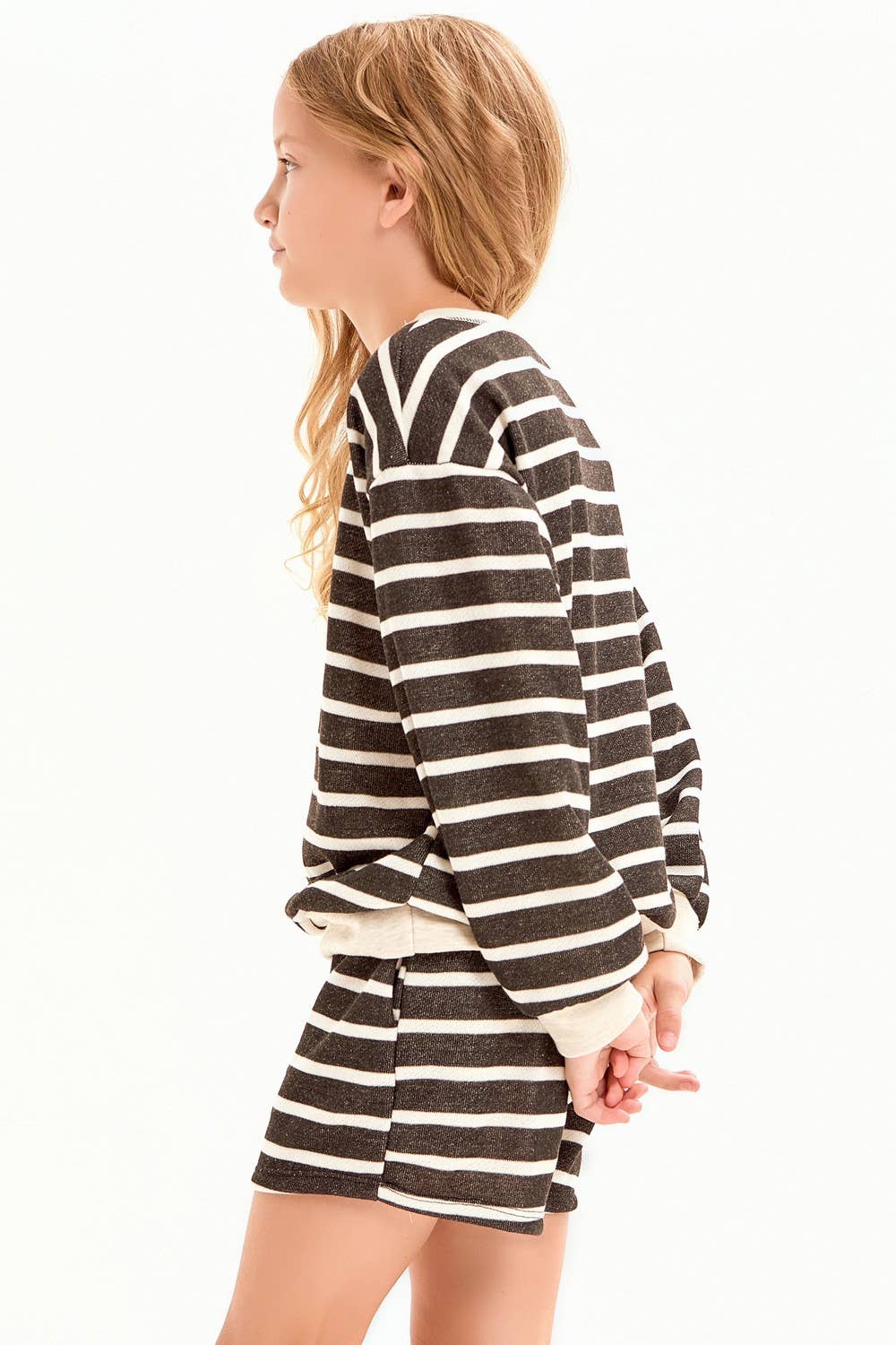 French Terry Stripe Sweatshirt & Shorts Lounge Set | Black & Cream