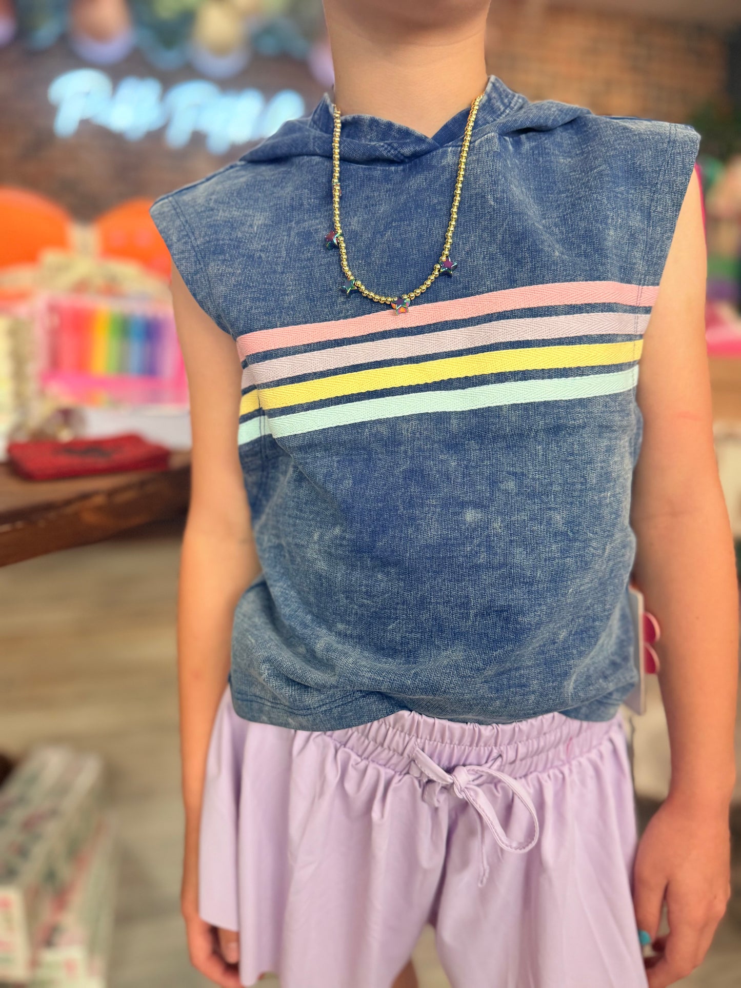 Denim Washed French Terry Sleeveless Hoodie