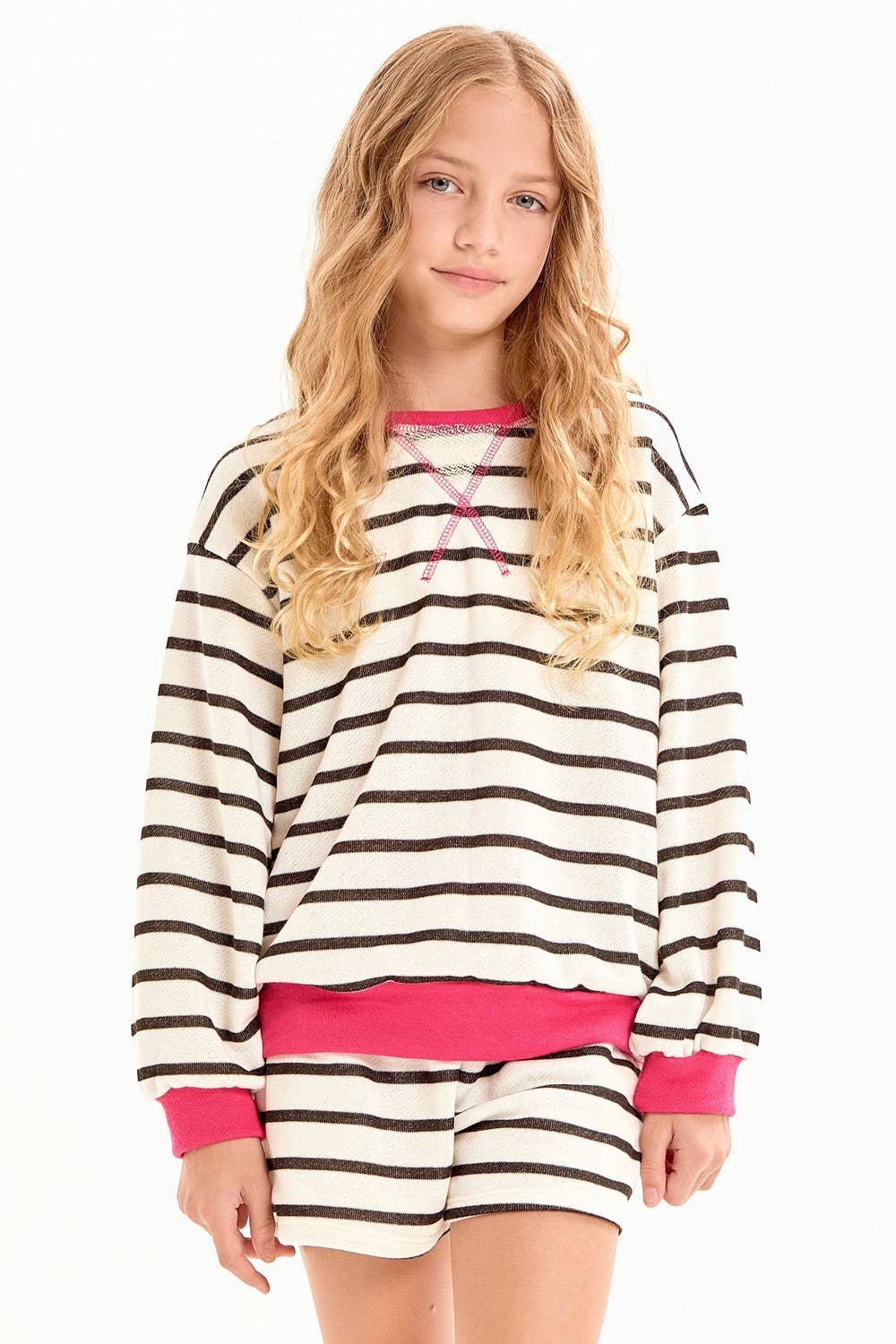French Terry Stripe Sweatshirt & Shorts Lounge Set | Black & Cream