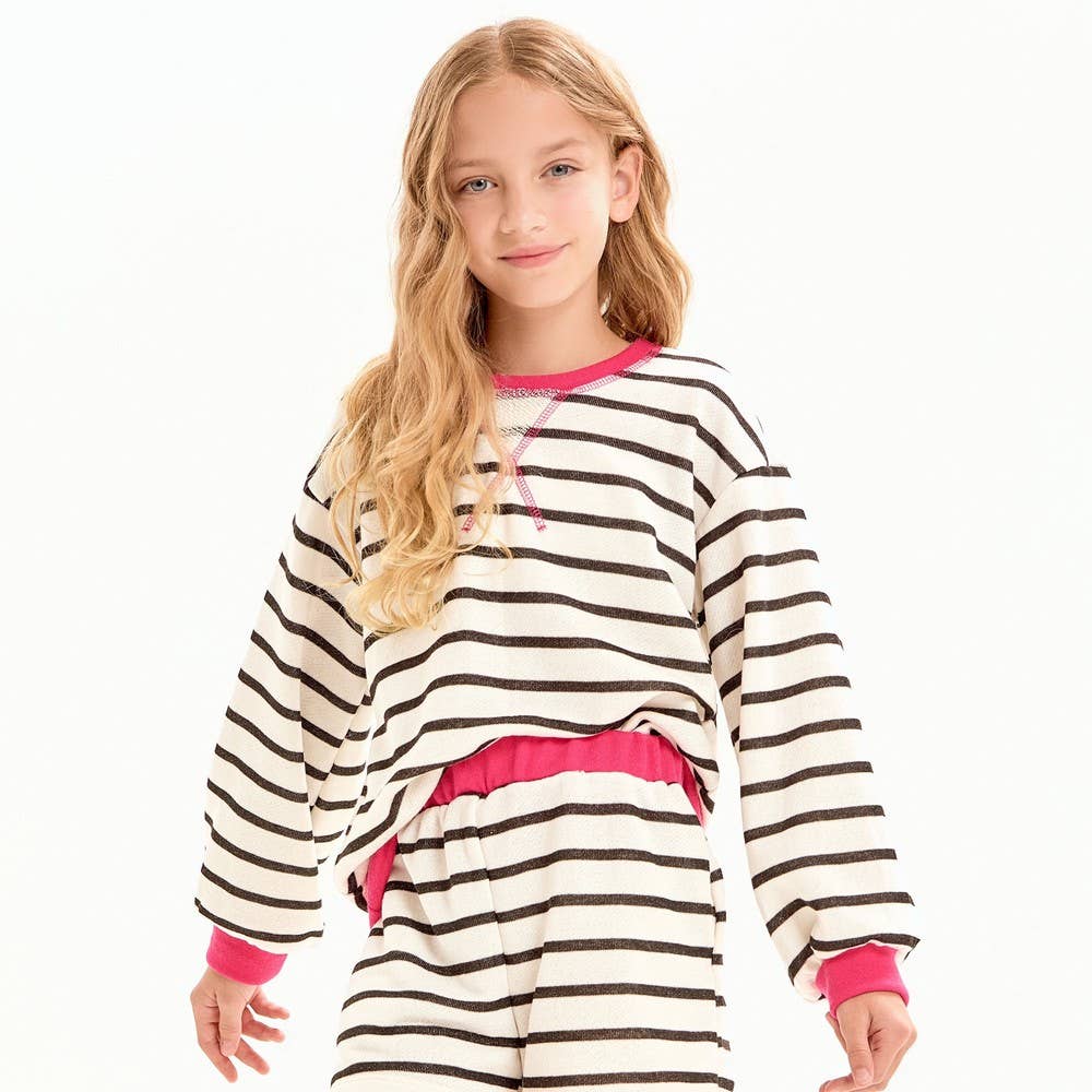 French Terry Stripe Sweatshirt & Shorts Lounge Set | Black & Cream