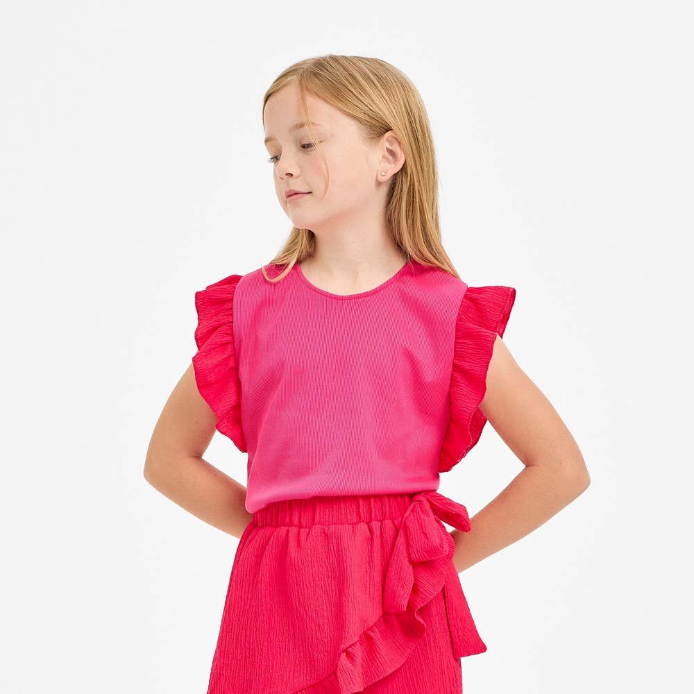 Ruffle Sleeve Ribbed Knit Top & Ruffle Skort Set