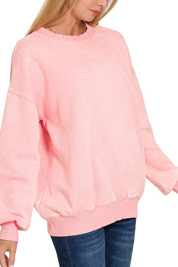 Acid Wash Fleece Oversized Pullover: DK PINK