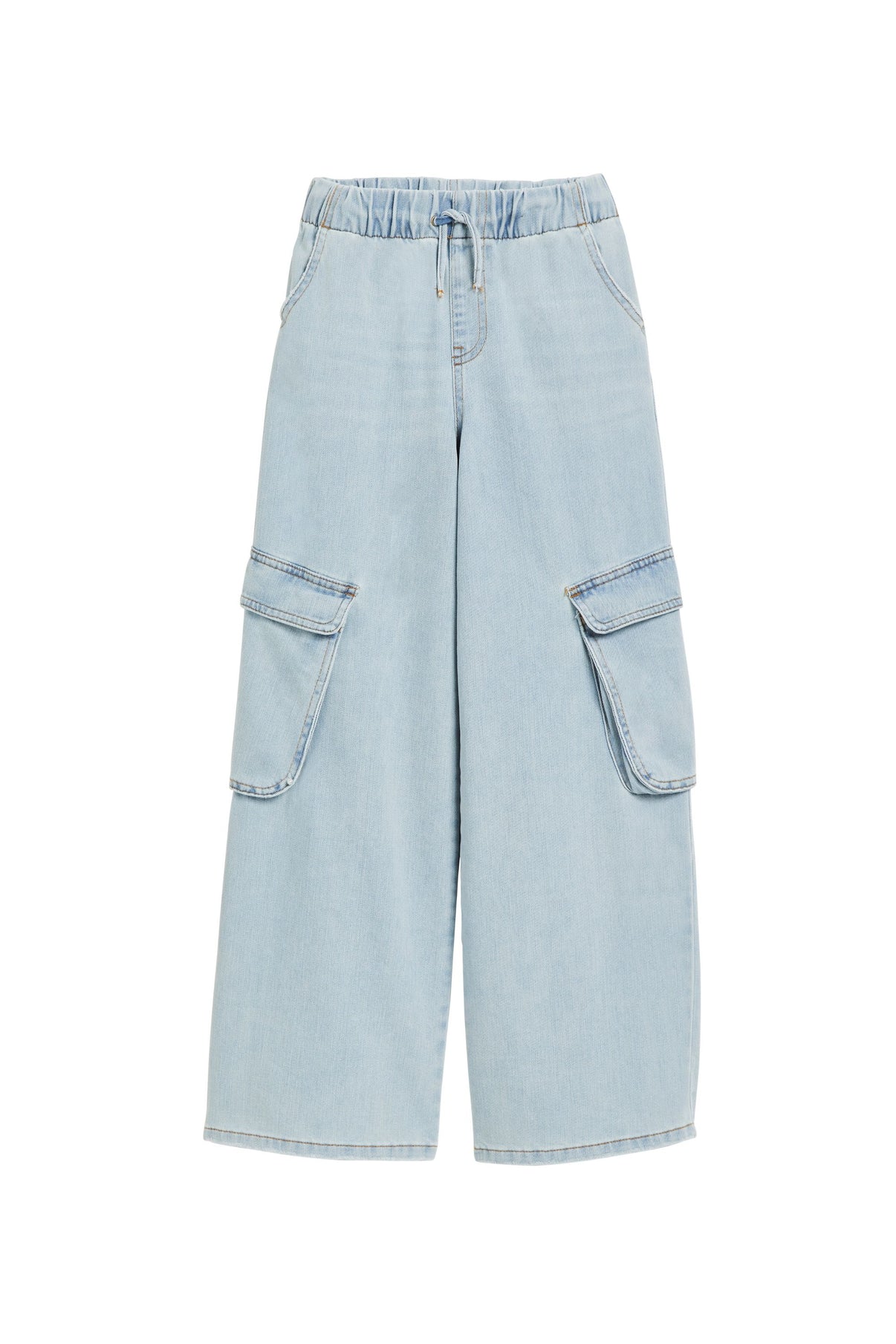 Acid Washed Cargo Pocket Drawstring Jeans