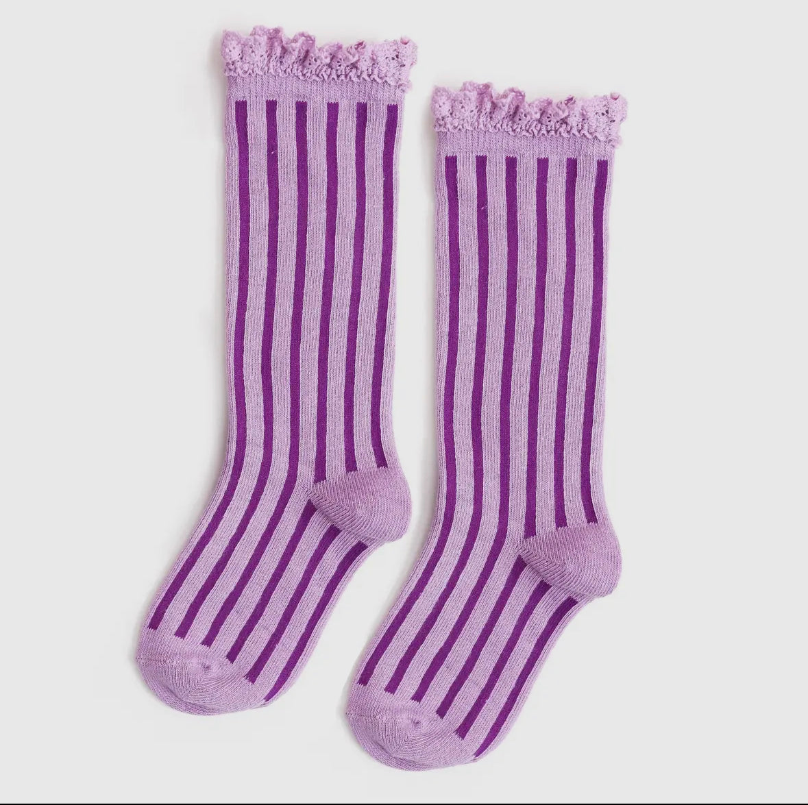 Wisteria Purple Vertical Striped Lace Top Knee High Socks