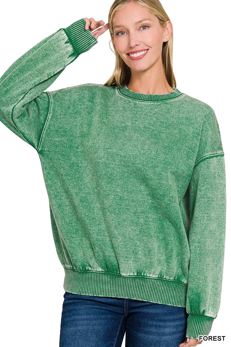 Acid Wash Fleece Oversized Pullover: FOREST