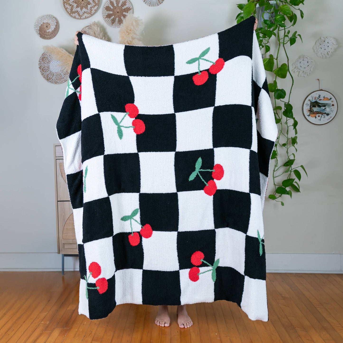 Checkered w/ Red Cherries Throw - Black & White