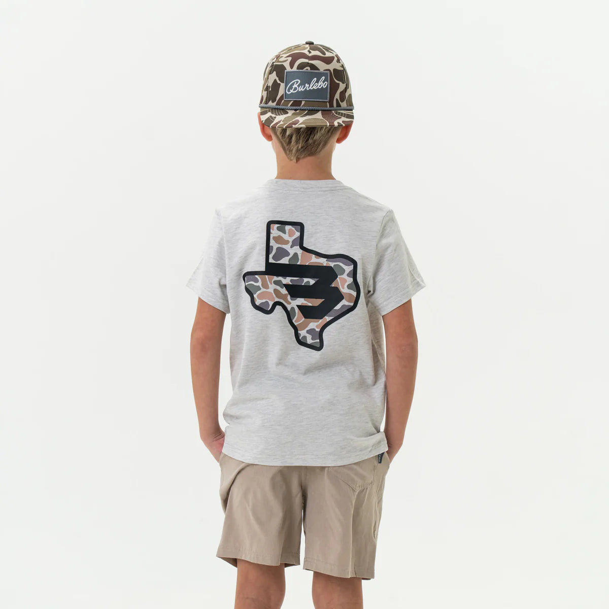 Youth Tee | Texas Camo Flying B | Heather Ash Grey