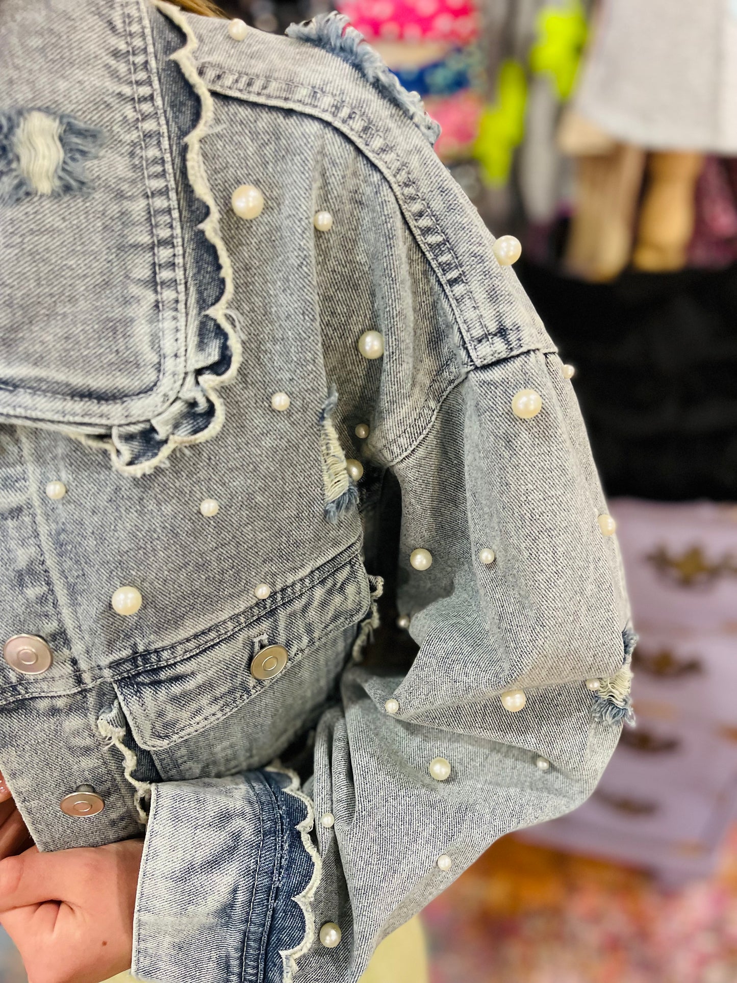 Light Wash Denim Jacket With Pearls