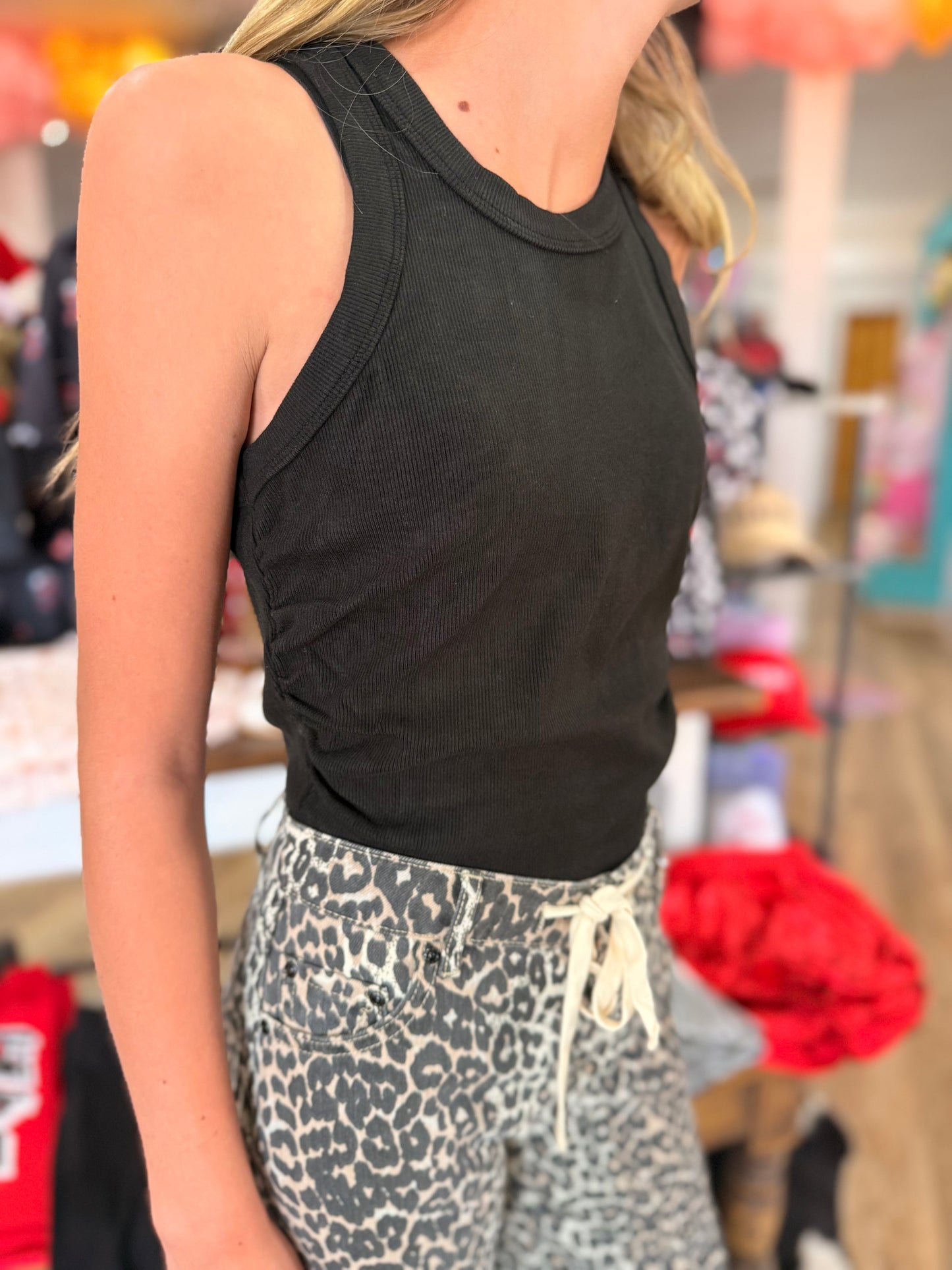 Rayon Rib Shirred Sleeveless Tank | Black