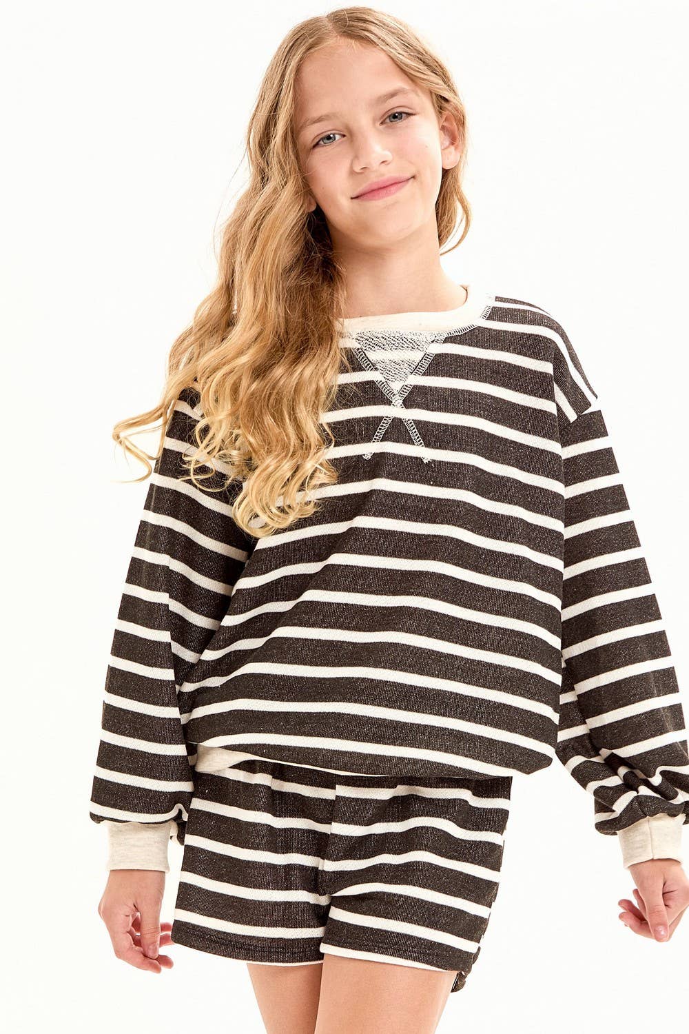 French Terry Stripe Sweatshirt & Shorts Lounge Set | Black & Cream