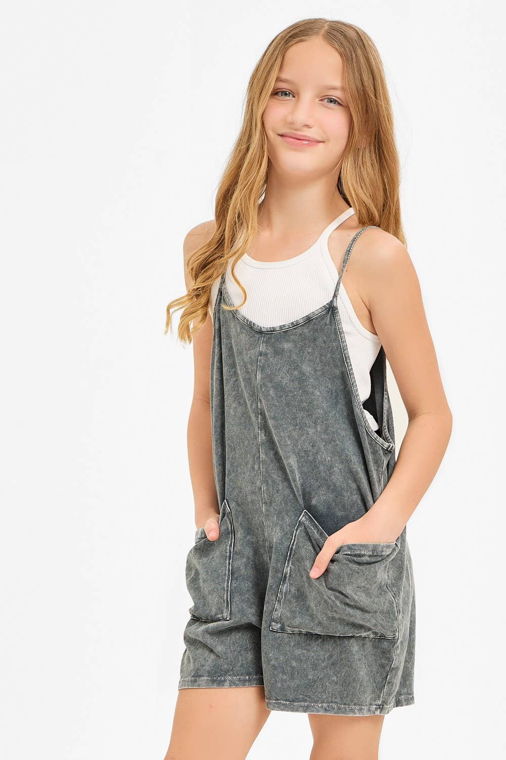 Charcoal Pocket Mineral Wash Overall Romper