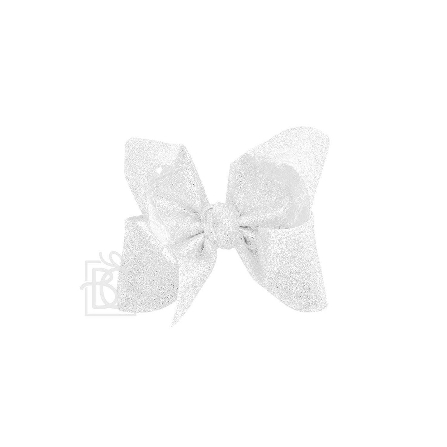 GLITTER METALLIC BOW ON CLIP: 6.5" Jumbo - 2.5" Ribbon on Lg. Alligator Clip / WHITE