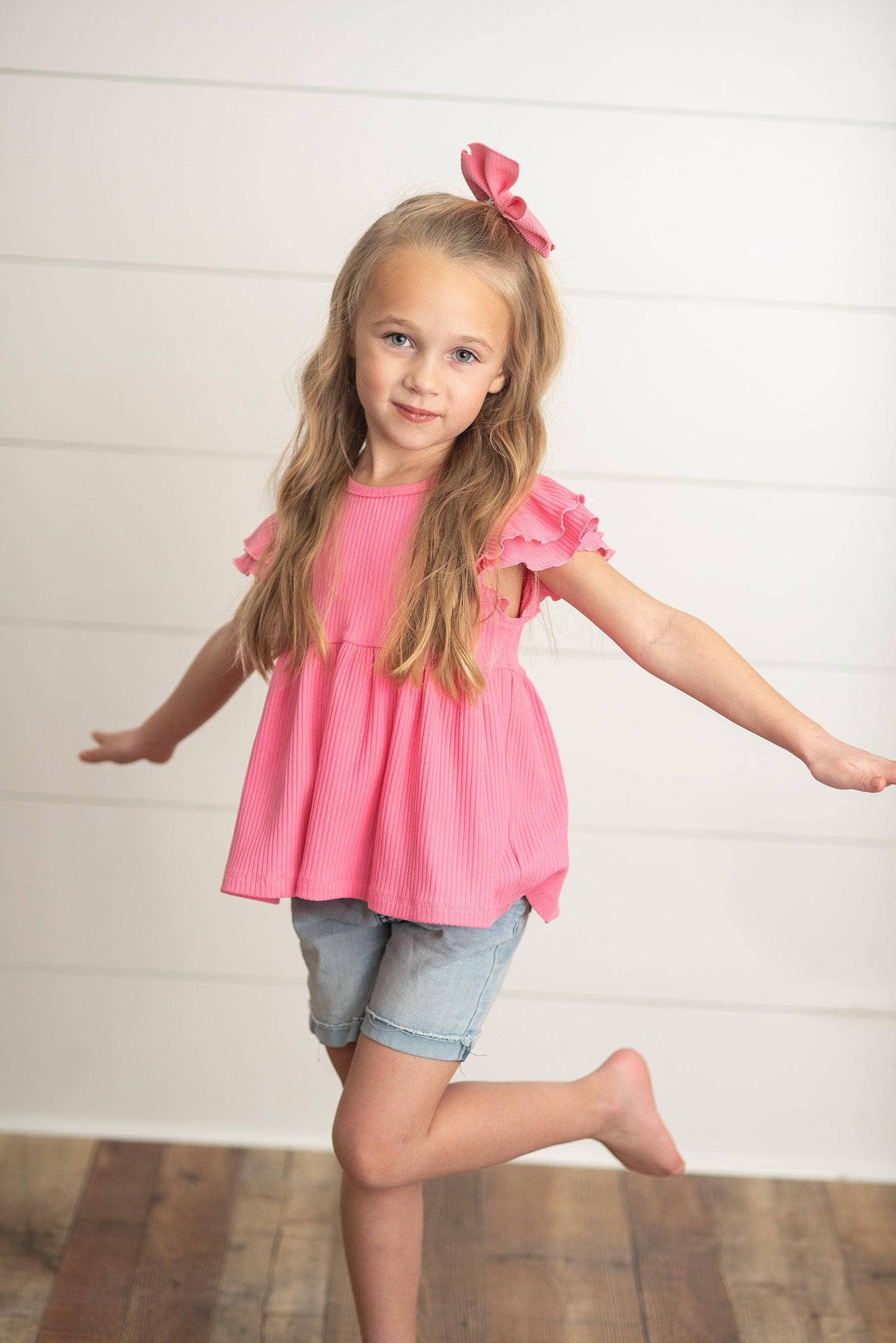 Bright Pink Double Ruffle Flutter Sleeve Top