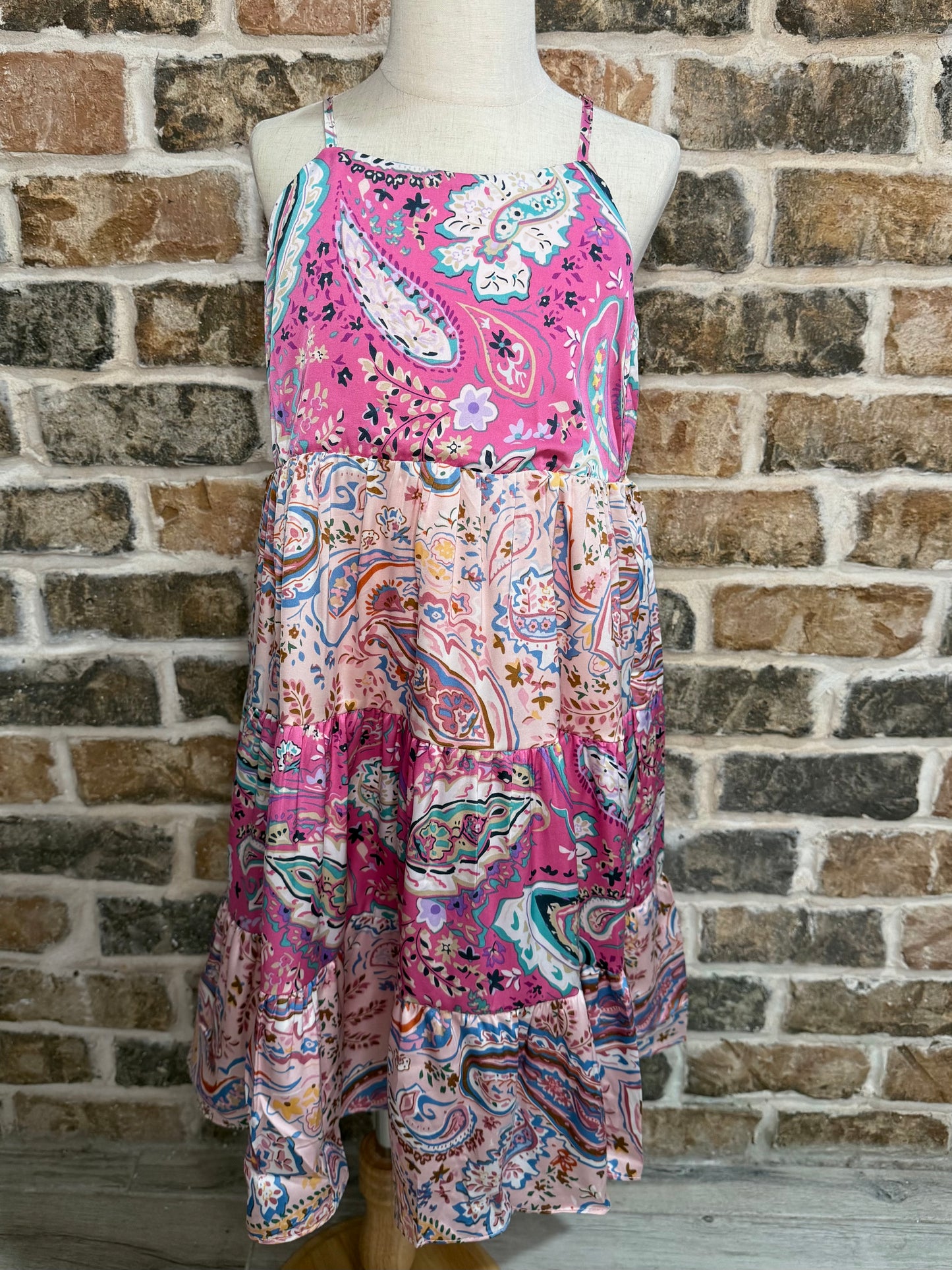 Paisley Print Tiered Satin Dress