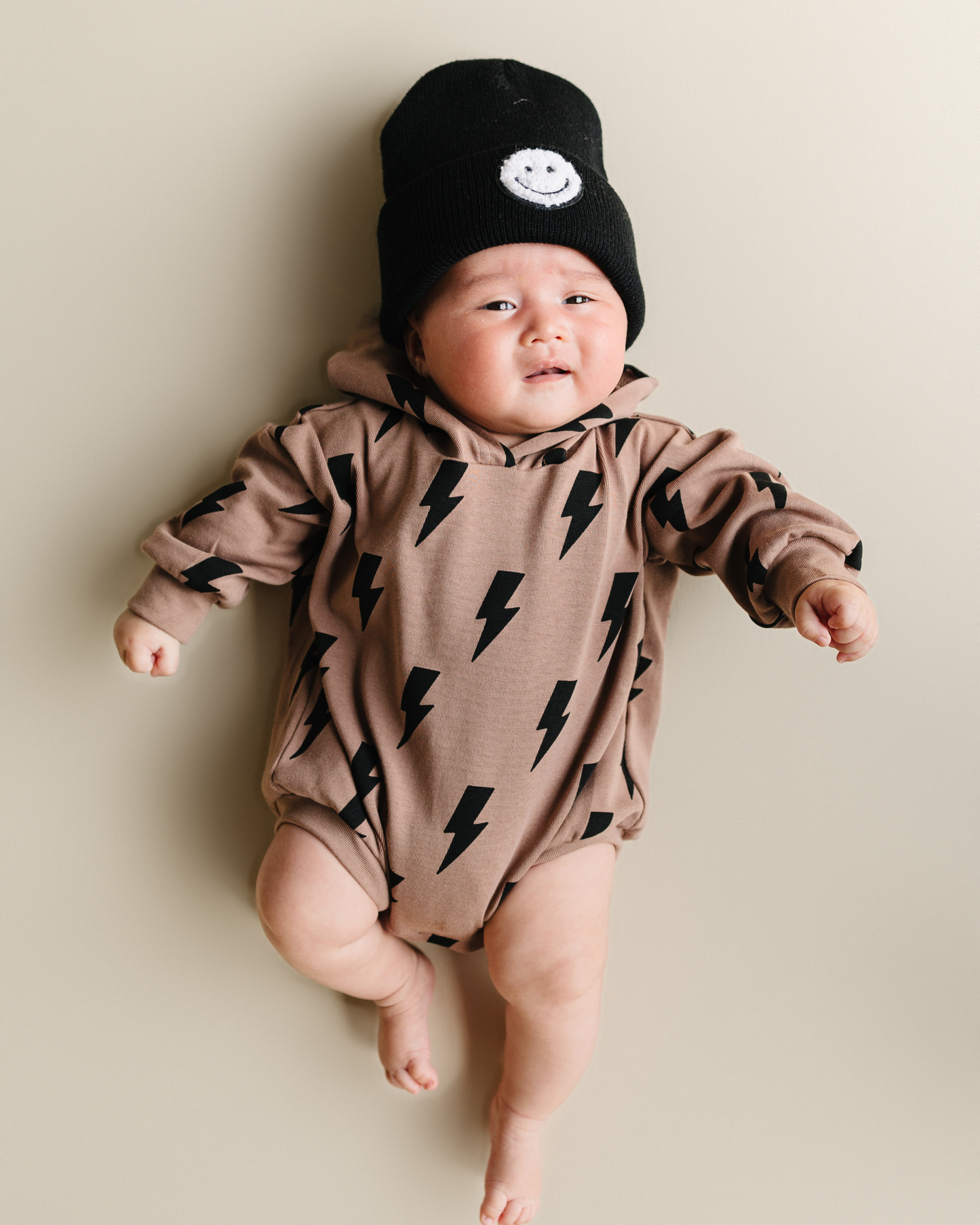 Hooded Bubble Romper | Mocha Bolts: 12-18M