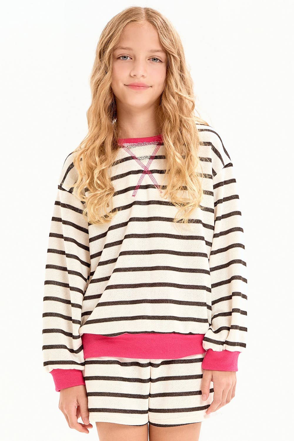 French Terry Stripe Sweatshirt & Shorts Lounge Set | Black & Cream