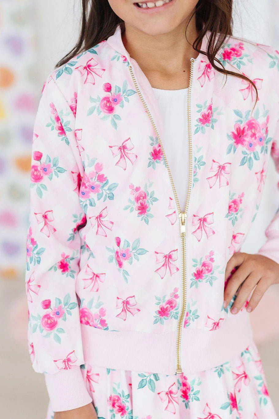 Gingham Bows 3 Piece Set : Satin Jacket + Ruffle Twirl Skirt + Pink Pocket Tee