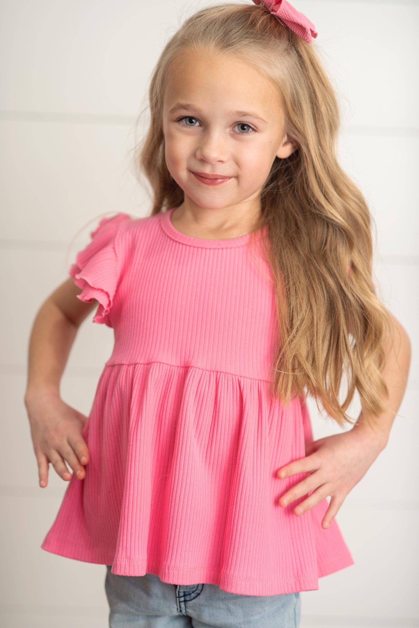 Bright Pink Double Ruffle Flutter Sleeve Top