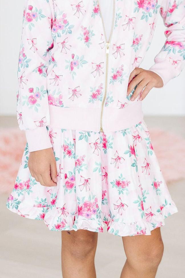 Gingham Bows 3 Piece Set : Satin Jacket + Ruffle Twirl Skirt + Pink Pocket Tee