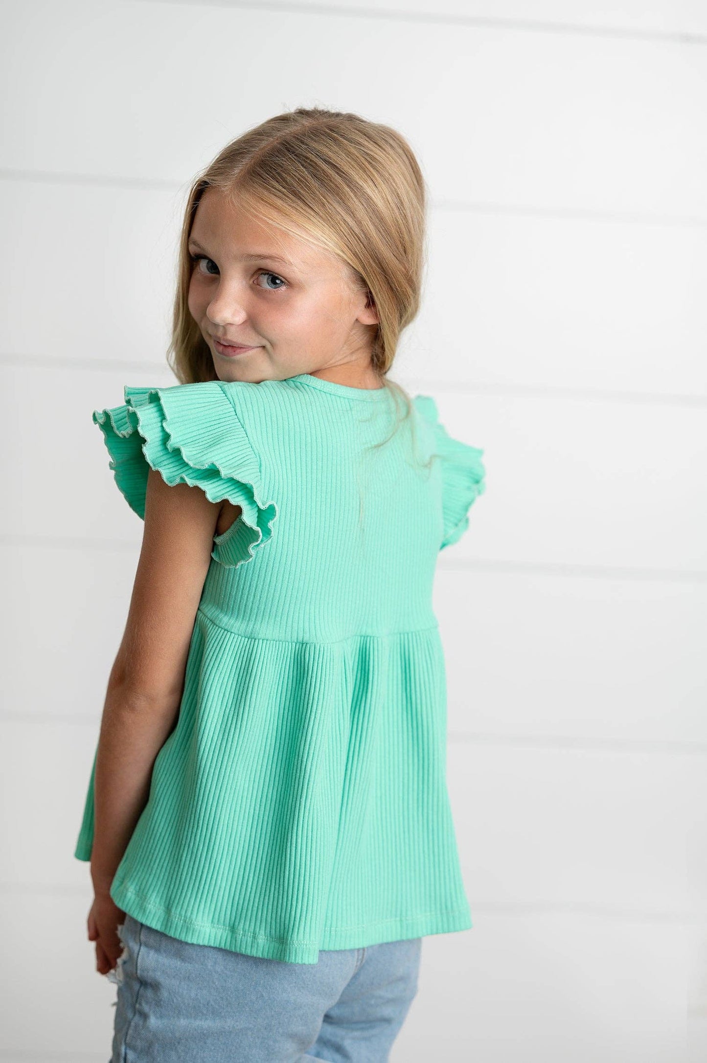 Aqua Double Ruffle Flutter Sleeve Top