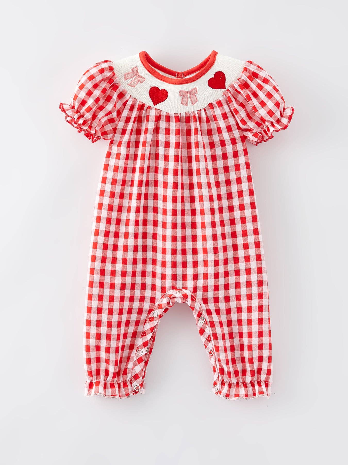 Heart & Bow Smocking Embroidered Plaid Romper