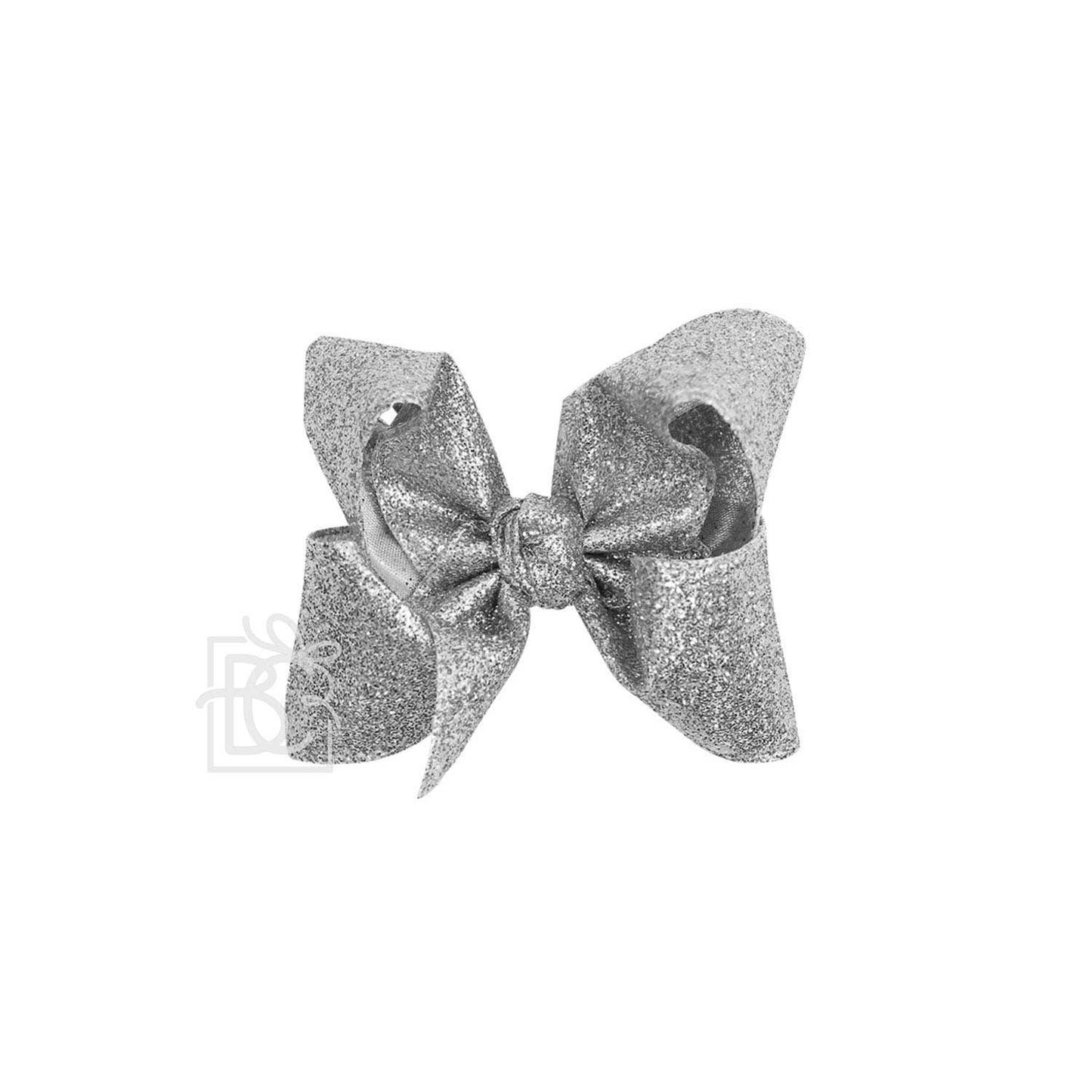 GLITTER METALLIC BOW ON CLIP: 6.5" Jumbo - 2.5" Ribbon on Lg. Alligator Clip / WHITE