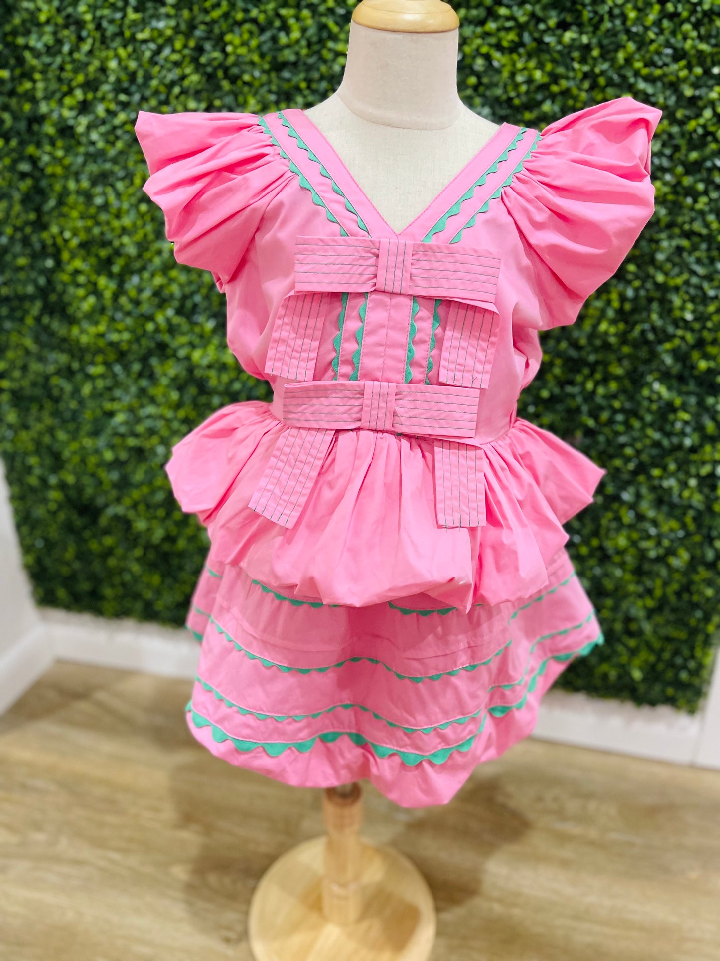 Cotton Poplin Ric Rac Bubble Skirt | Pink & Green