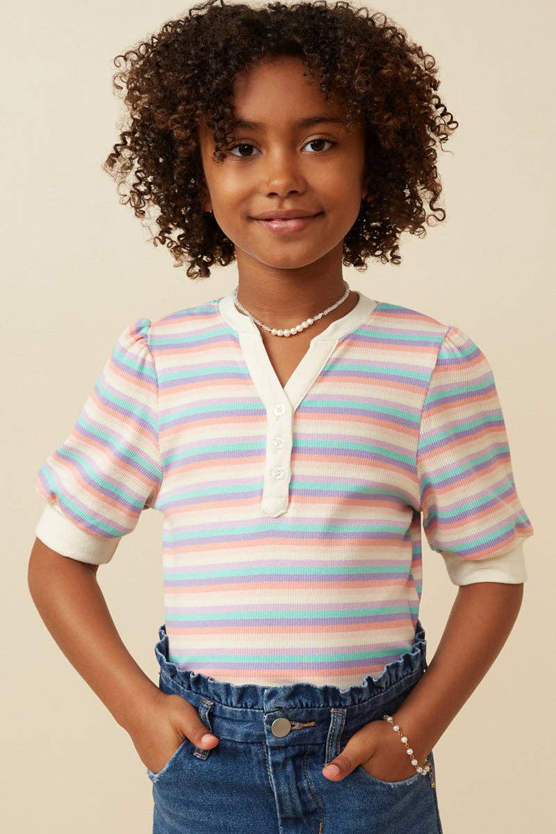 Button Detail Ribbed Knit Stripe Top