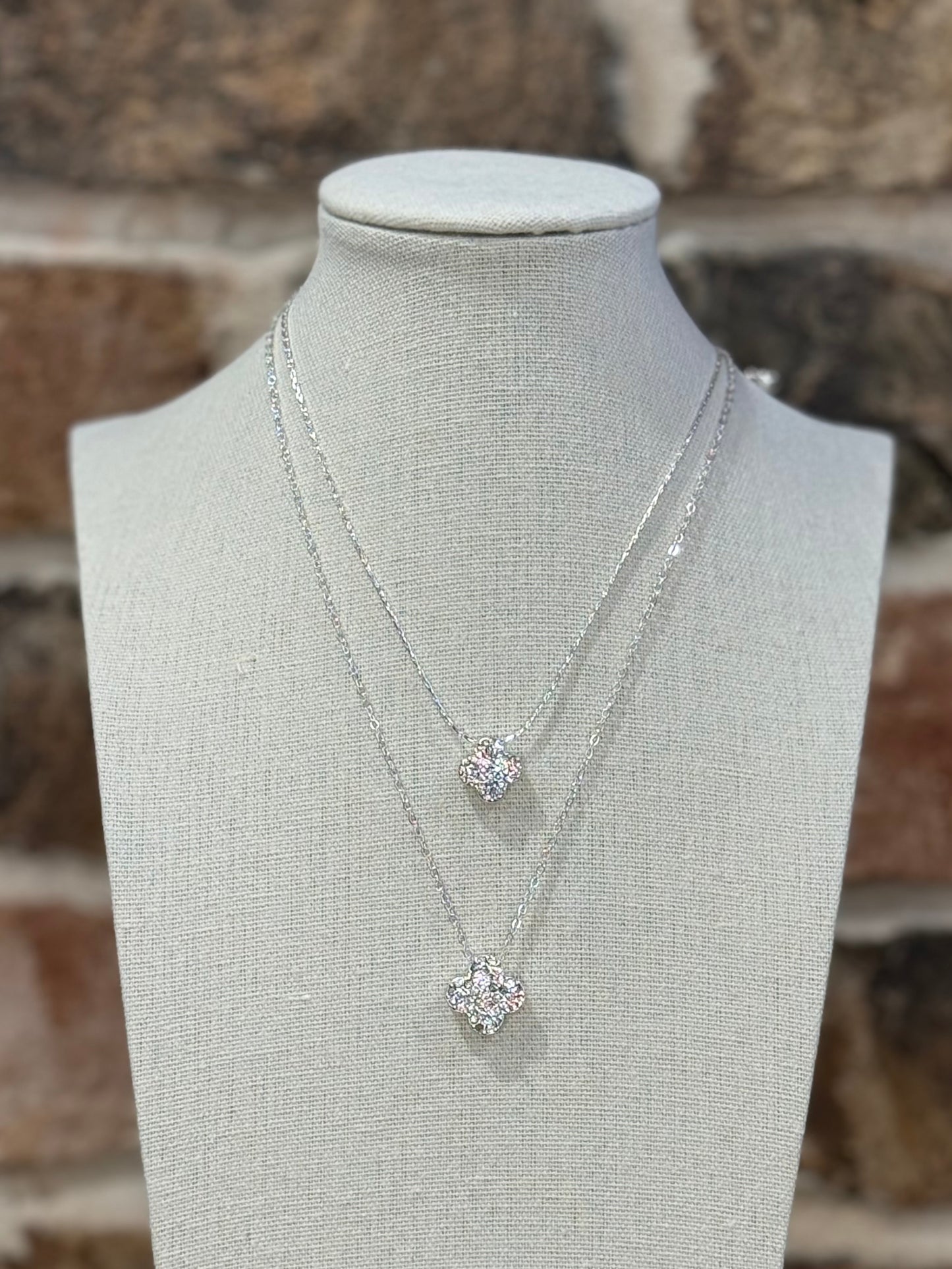 Dainty Rhinestone Double Clover Necklace + Diamond Studs