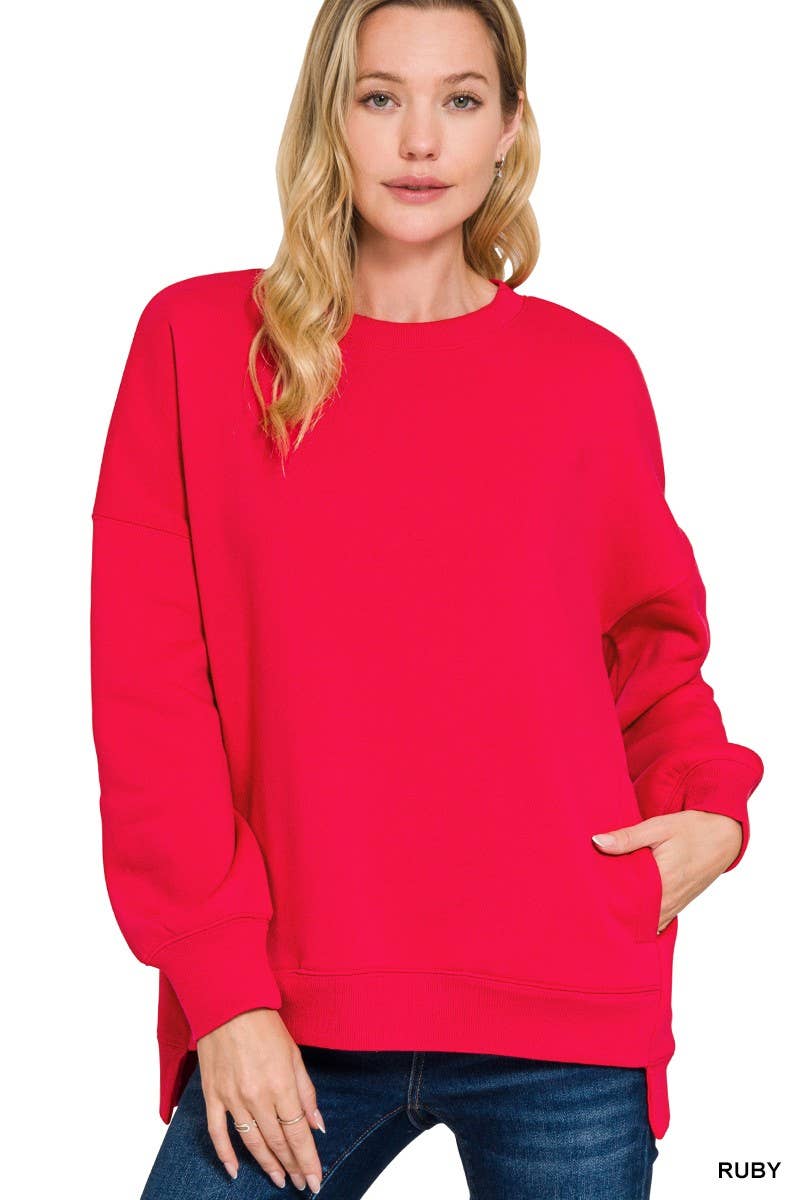 Fleece Hi-low Boyfriend Sweatshirts With Pocket: Ruby
