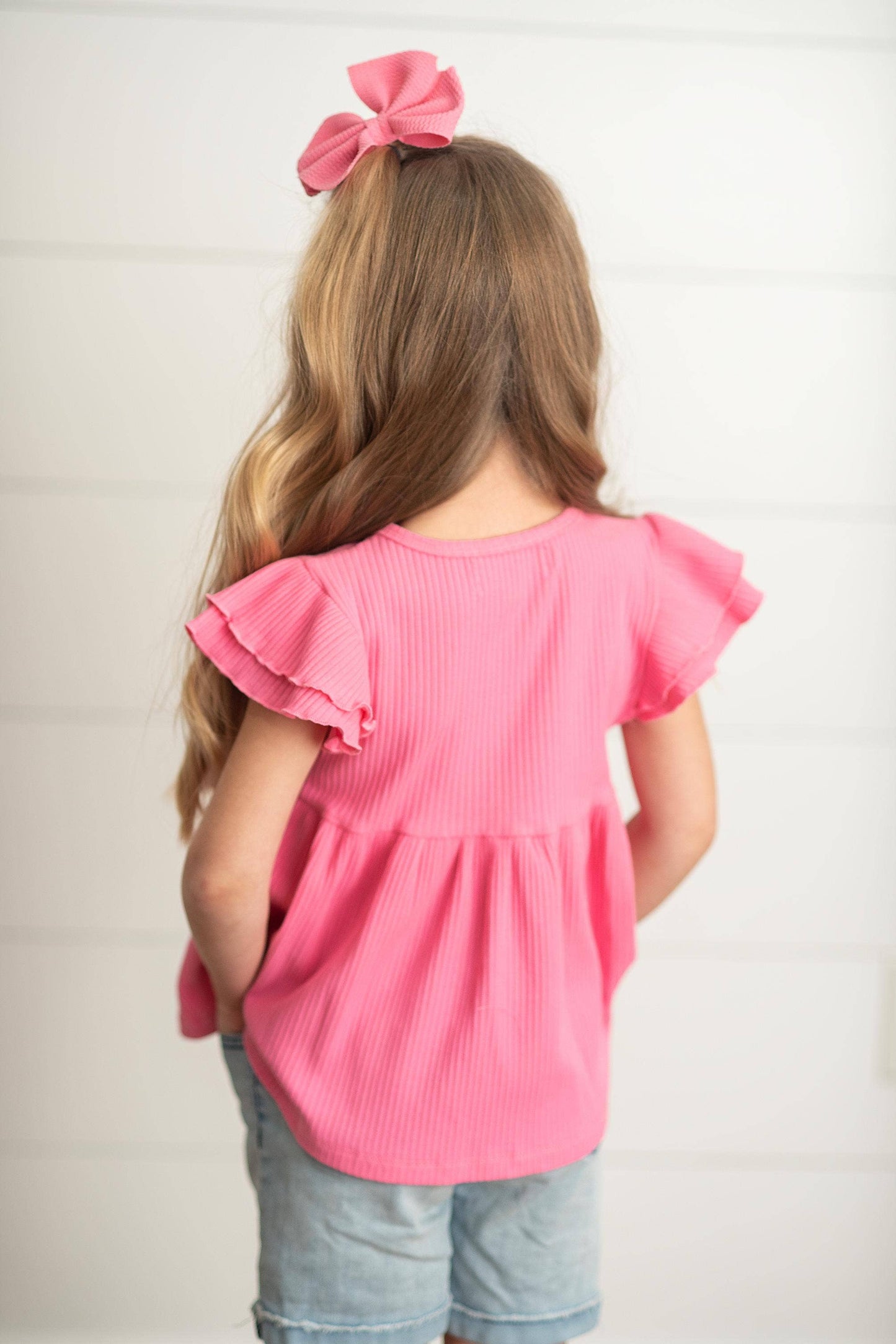 Bright Pink Double Ruffle Flutter Sleeve Top