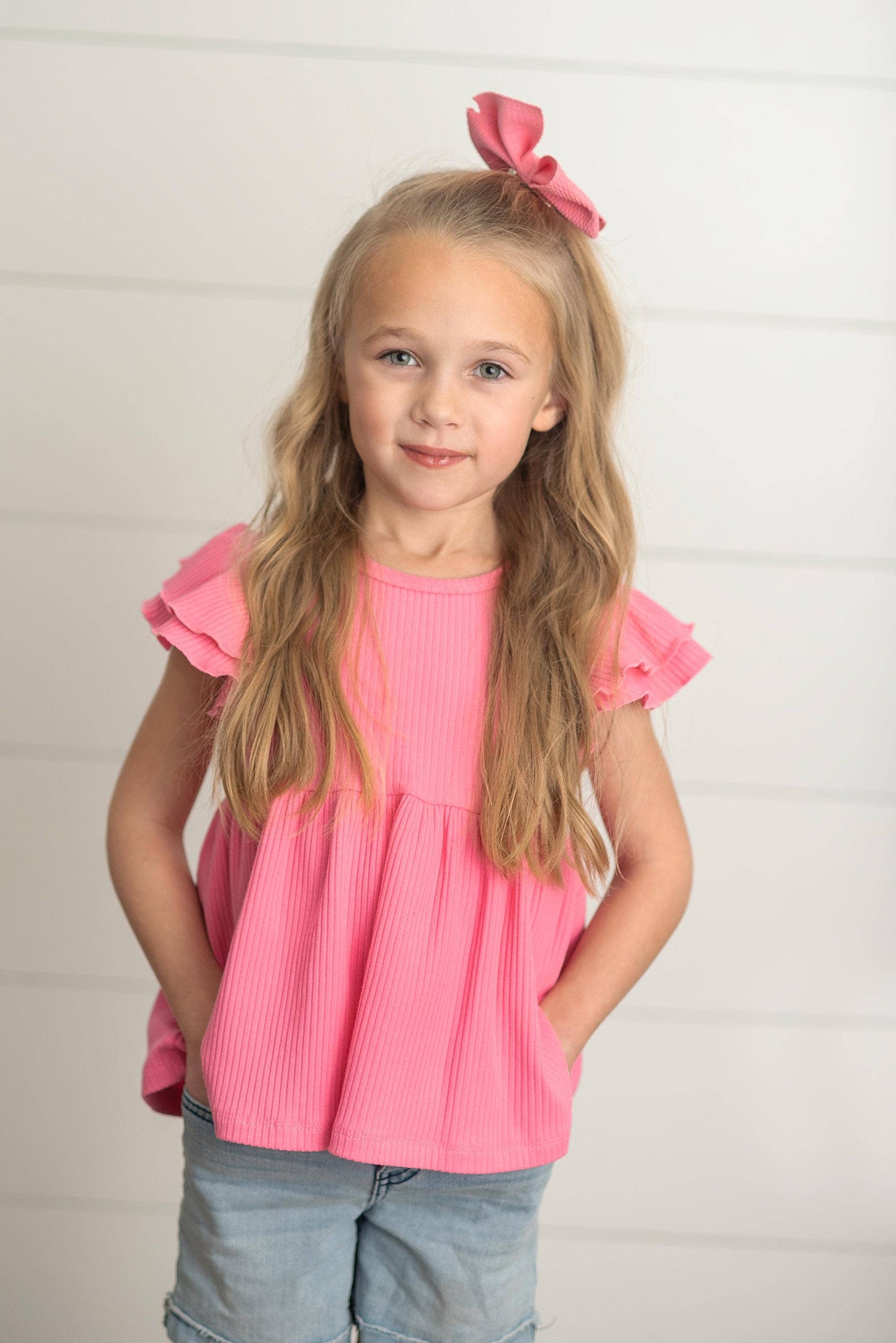 Bright Pink Double Ruffle Flutter Sleeve Top
