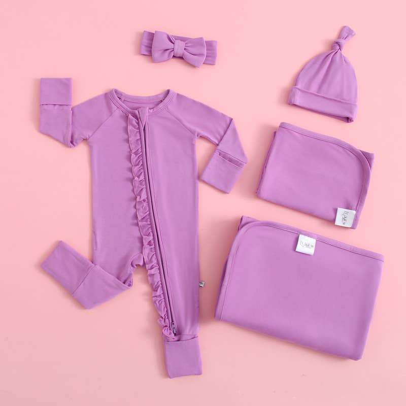 Luxie Lavender Ruffled Romper NICU Friendly